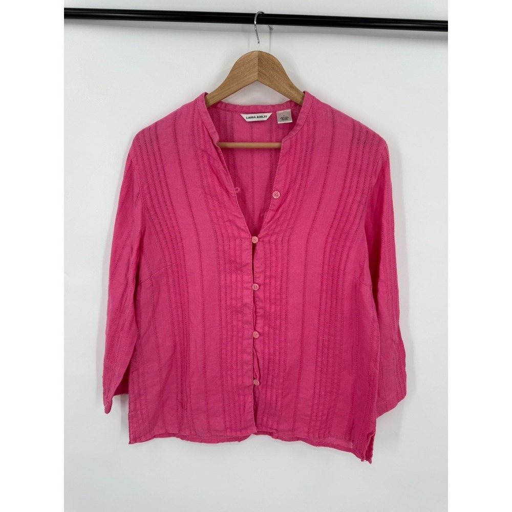 Laura Ashley Top Shirt Womens L Linen Spring Natural Bright Relaxed Beachy